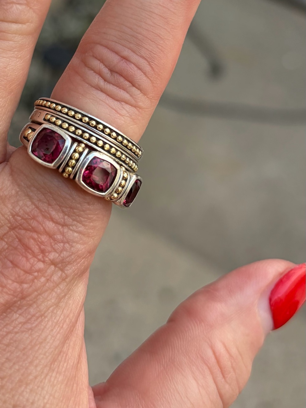 Two-Tone Rhodolite Garnet Trio Stacking Rings Lagos